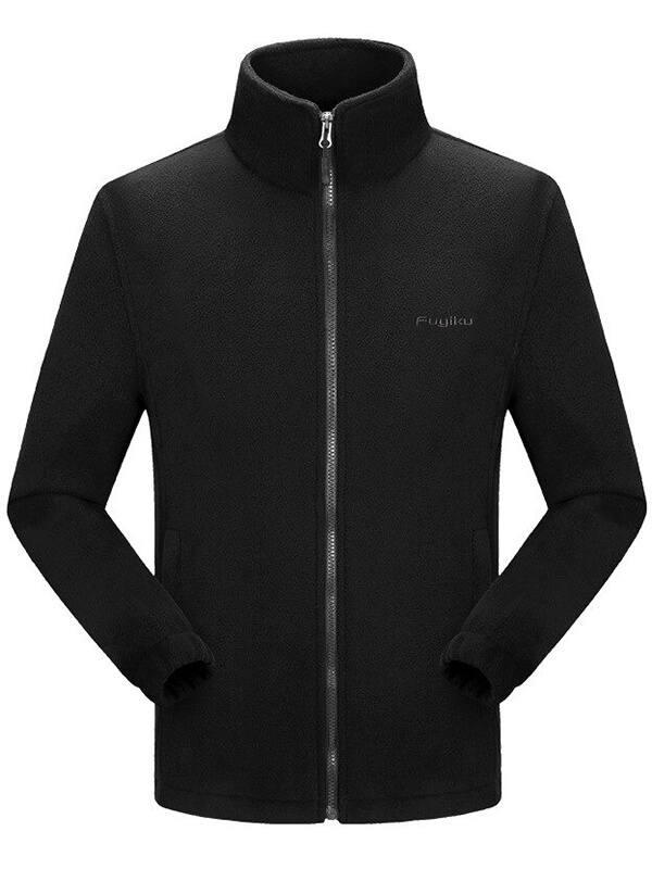 Men's black stand collar fleece jacket with zipper closure, warm and durable polyester for comfort. Perfect outerwear layer for men.